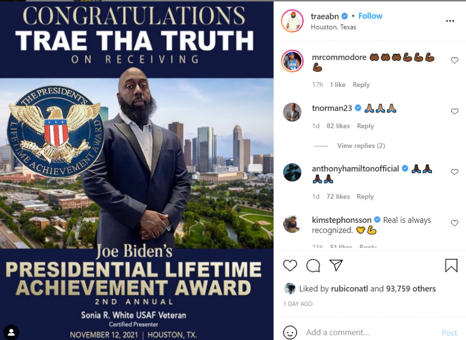 President Joe Biden to honor Trae Tha Truth for his philanthropic endeavors