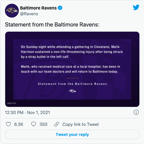 Baltimore Ravens' linebacker Malik Harrison struck by bullet