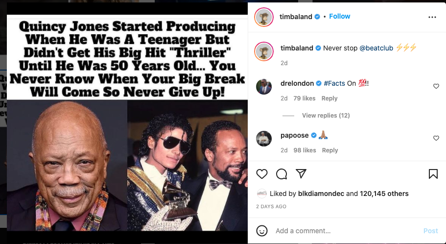 Fans slam Timbaland for saying Quincy Jones didn't blow up until 'Thriller'