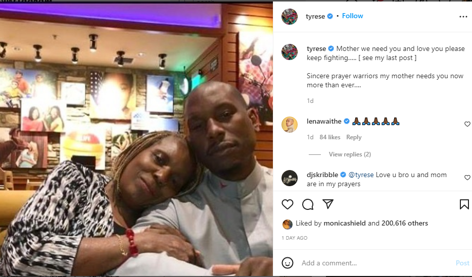 Tyrese's mother in a coma from COVID-19 and other ailments