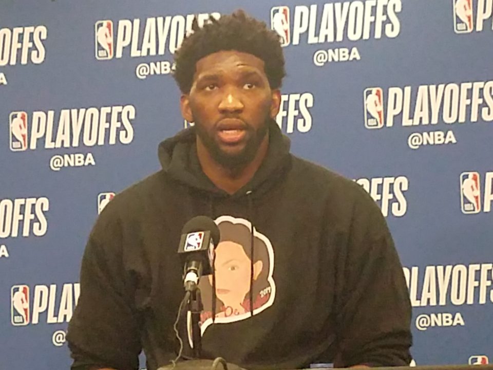 Joel Embiid speaking to the media