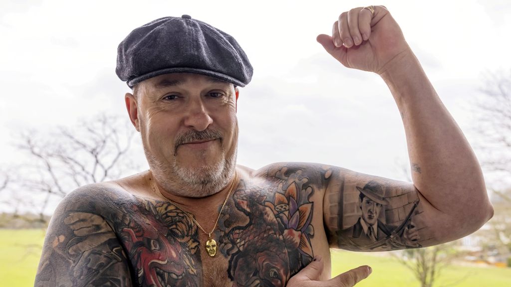 David Hatfield, 58, who covered his back and arms with tattoos devoted to the BBC gangster show “Peaky Blinders.” (Zenger)