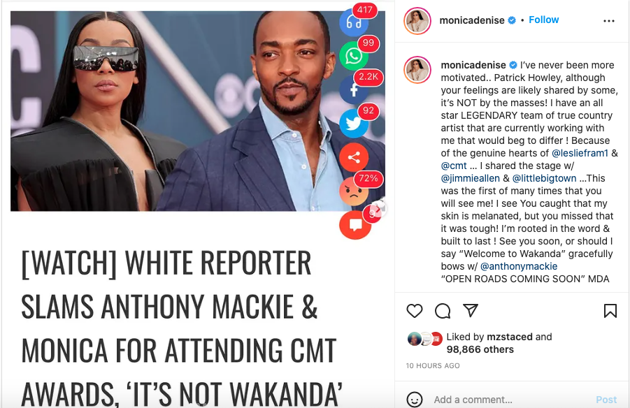 Monica slams racist reporter for complaint about Blacks at CMT Awards