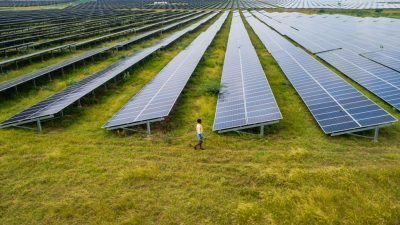 An aerial view shows a shepherd walk past photovoltaic cell solar panels in the Pavagada Solar Park on October 11, 2021 in Kyataganacharulu village, Karnataka, India. (Photo by Abhishek Chinnappa/Getty Images)