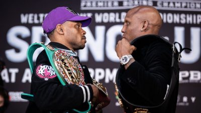 Unbeaten IBF/WBC counterpart Errol Spence (left) will clash Saturday with Cuban WBA welterweight champion Yordenis Ugas. (Amanda Westcott/Showtime).