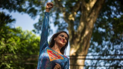 A woman dressed in Wonder Woman costumes strike a pose during Bloco Desliga da Justiça at the Street carnival celebration at Gavea Neighbourhood on February 8, 2020 in Rio de Janeiro, Brazil. (Photo by Bruna Prado/Getty Images)