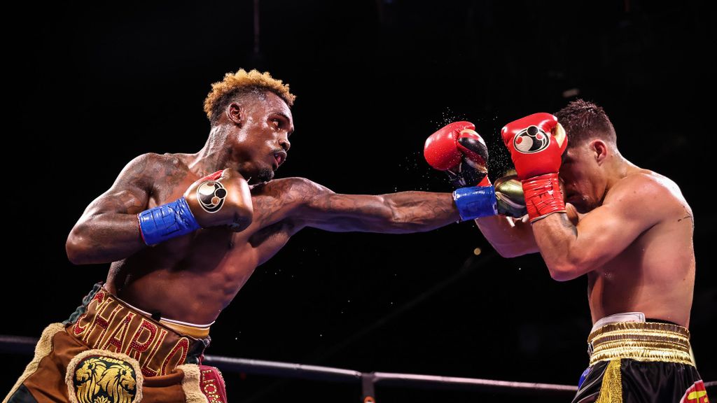 Jermell Charlo (left) rocked but couldn't finish Brian Castaño (right) in the second round of their 154-pound unification draw in July 2021. They'll rematch on Saturday with Charlo holding the IBF/WBA/WBC crowns, and Castano, the WBO version. (Premier Boxing Champions)