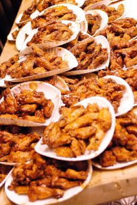 Buffalo Wings are stacked up before the competition begins at the 12th Annual Wing Bowl on January 30, 2004 in Philadelphia, Pennsylvania.  (Photo by Jeff Fusco/Getty Images)