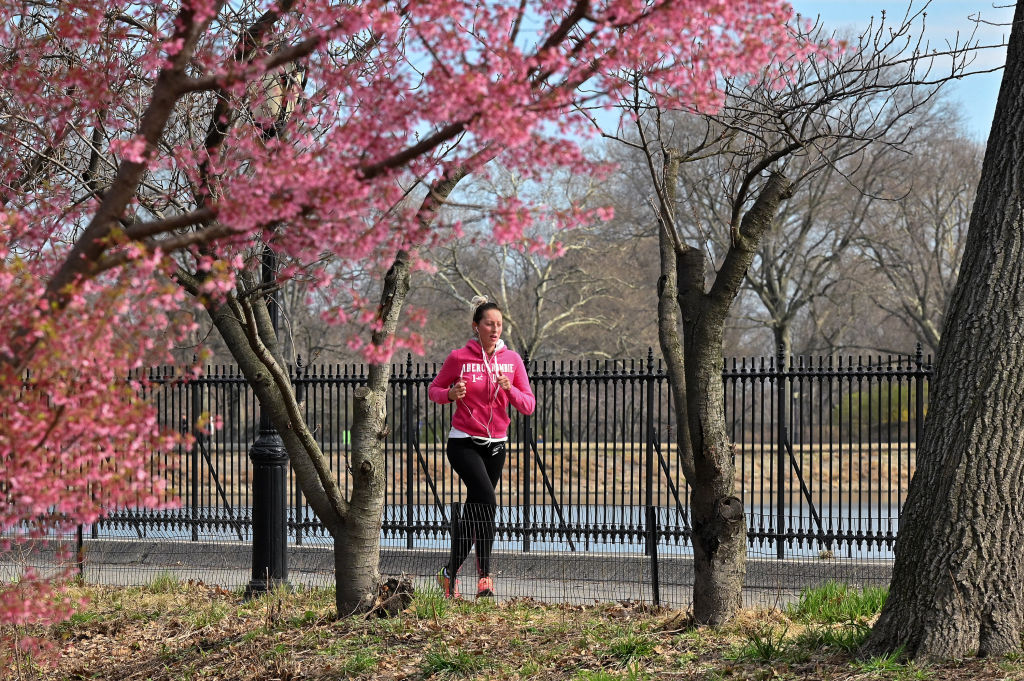 A woman is seen jogging in Central Park as the coronavirus continues to spread across the United States on March 21, 2020 in New York City. The World Health Organization declared coronavirus (COVID-19) a global pandemic on March 11th. (Photo by Dia Dipasupil/Getty Images)