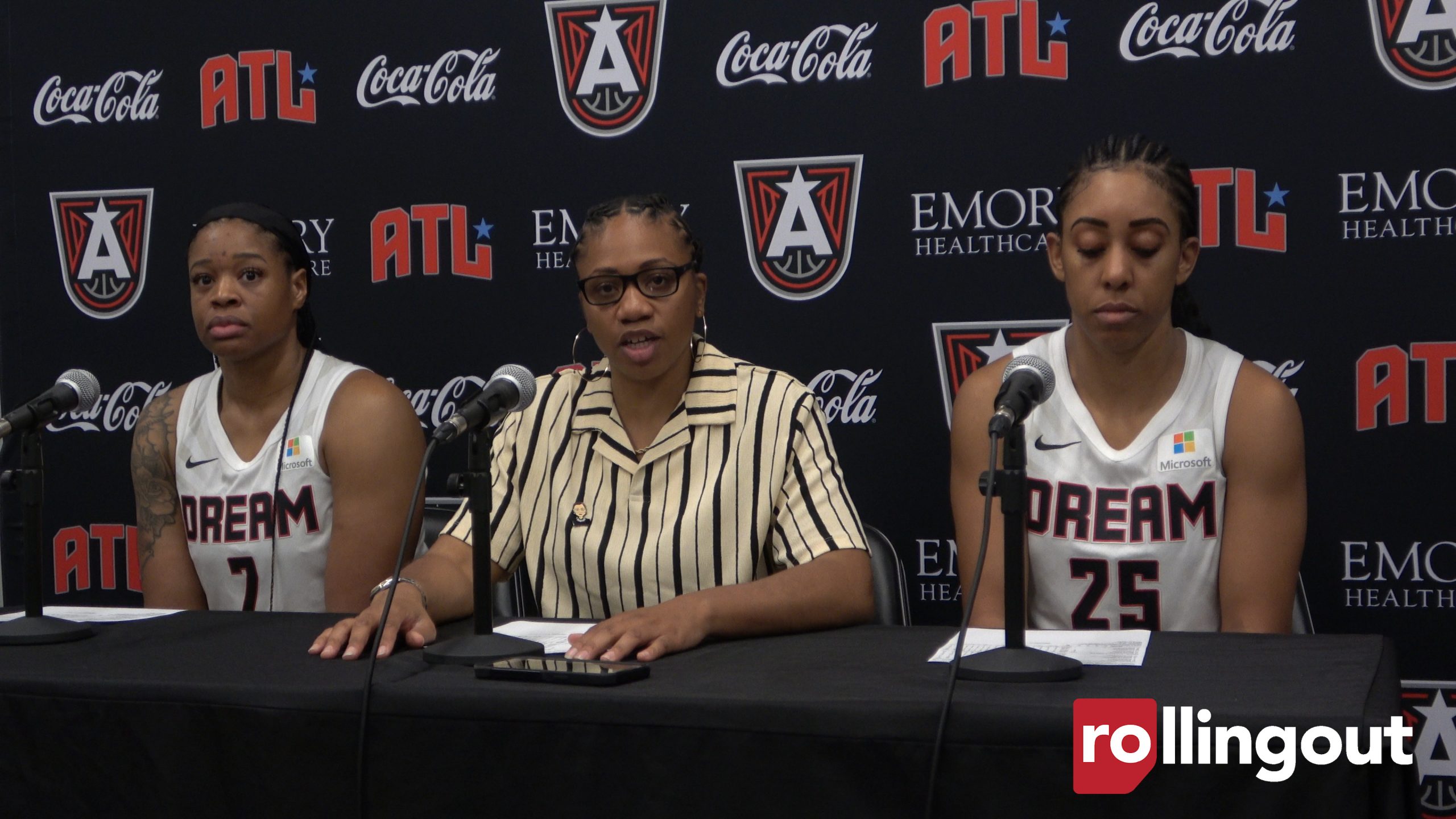 Atlanta Dream center Kia Vaughn, head coach Tanisha Wright and forward Monique Billings discuss Brittney Griner after a game on July 6, 2022. (Photo credit: Rashad Milligan for rolling out)
