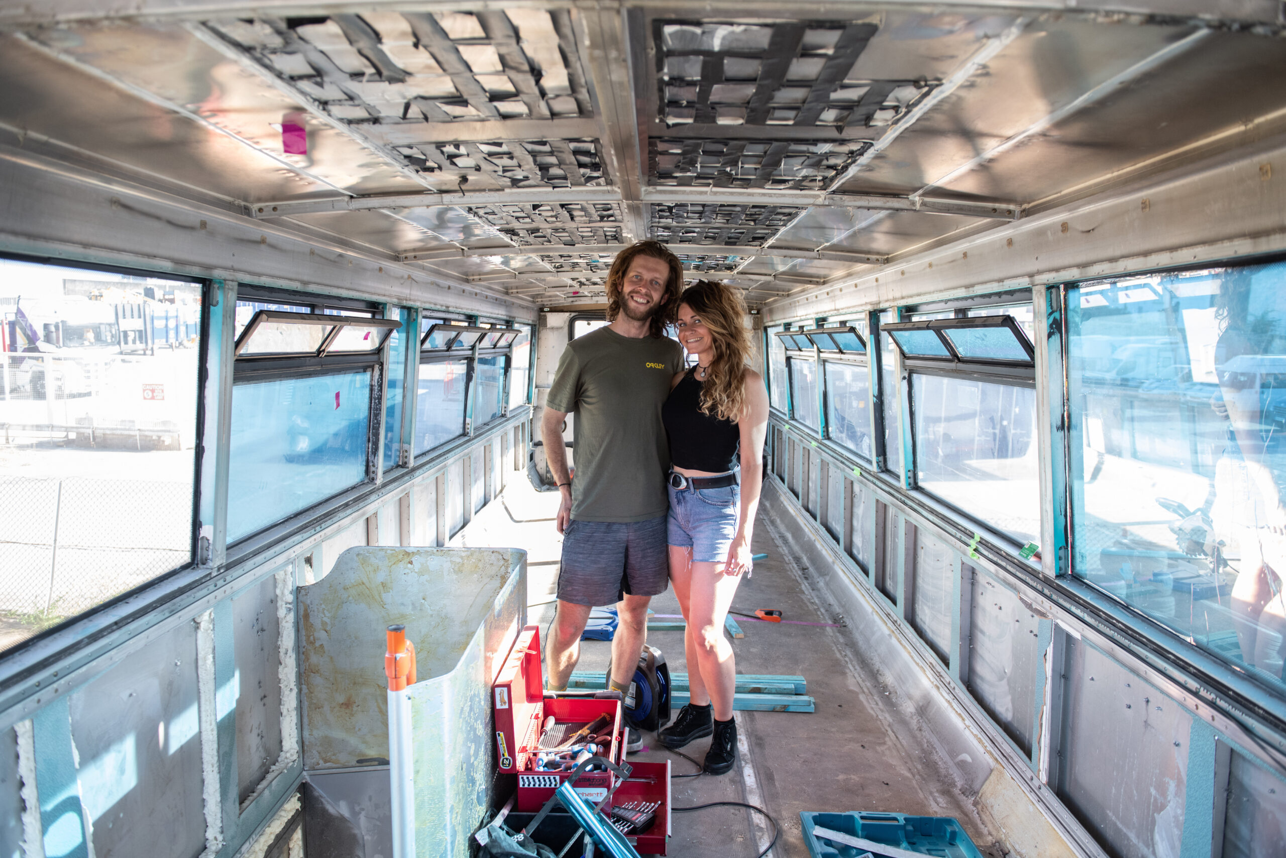 A couple are converting a $10,600 double-decker bus into a home in a bid to escape their $1,400 a month rent. (Alice Keeler, SWNS/Zenger)