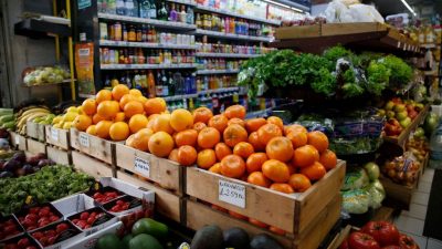 General view of fresh fruit and vegetable produce displayed outside a shop on Green Lanes in Haringey on February 28, 2021 in London, England. (Photo by Hollie Adams/Getty Images)