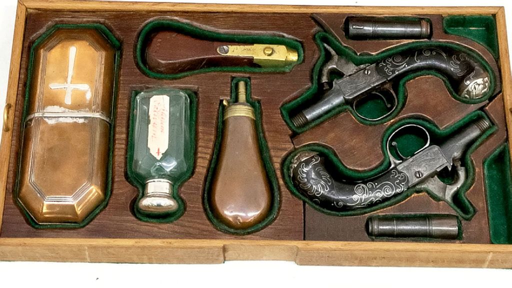 A vampire slaying kit which belonged to a 19th century lord who kept guns, crucifixes, holy water and a wooden stake in case of an attack, is going under the hammer. (Steve Chatterley, SWNS/Zenger)