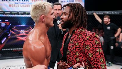 Danny Sabatello (l) and Raufeon Stots face off after Sabatello’s unanimous decision victory over Leandro Higo. (Lucas Noonan/Bellator MMA)