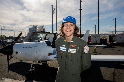 Mack Rutherford at JFK airport, New York, United States. August 16 2022. Mack is aiming to become the youngest person to fly solo around the world. (Adam Gray,SWNS/Zenger)