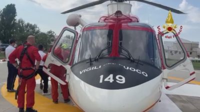 Video shows Mattia Veronese, 28, being taken to a hospital in Chioggia, Italy, Sunday, Aug. 7, 2022. He went missing in Porto Tolle after going for a swim with his friends on Saturday, Aug. 6, 2022.  (@vigilidelfuoco/Zenger)