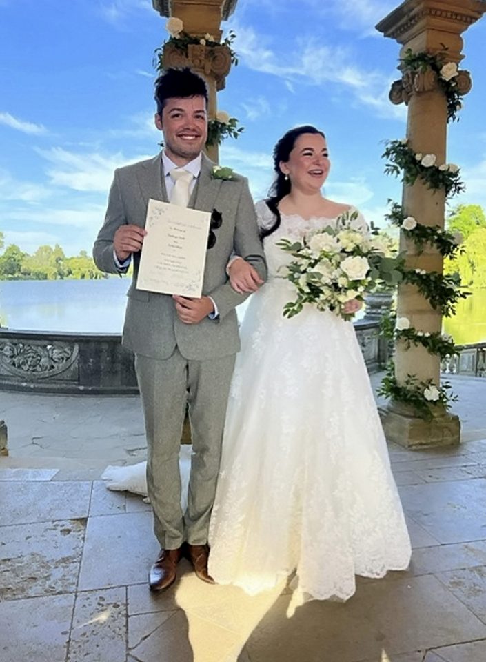 Soumaya and Justin Elliott on their wedding day in July, 2022. Newlyweds left devastated and $6k out of pocket after they can't go on once-in-a-lifetime honeymoon thanks to airport and travel agency bungle. (Soumaya Elliott,SWNS/Zenger)