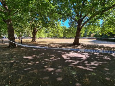 A children's playground and a leisure center are part of a crime scene as police investigate the murder of a 15-year-old boy on Highbury Fields on Thursday, August 4, 2022. Officers were called to the park and found the boy with stab wounds next to a trash can off Highbury Place, in the U.K.(SWNS/Zenger News)