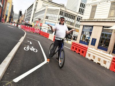 Confusion on Corporation Street in Birmingham as what appears to be the 'Shortest Cycle Lane' has sprung up. Glynn Radford,49 from Newtown, Birmingham. Undated photograph. (SWNS/Zenger)