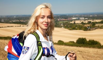 Sofiia Volovyk atop U.K.'s highest peak Ben Nevis, poses in an undated photo. The Ukrainian refugee is embarking on a 589-mile walk to the U.K.'s highest peak in a bid to raise $120,000. (Matthew Newby, SWNS/Zenger)