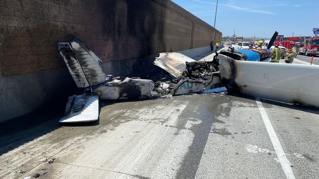 The aftermath of the plane crash that occurred on the 91 Eastbound in Corona, California, on Tue., Aug. 9, 2022. The two occupants were able to safely exit the plane. (Corona Fire Department/Zenger)