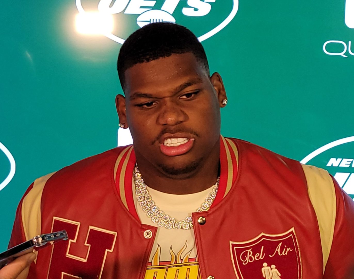 Quinnen Williams of the New York Jets speaks to the media (Photo by Derrel Jazz Johnson for rolling out)