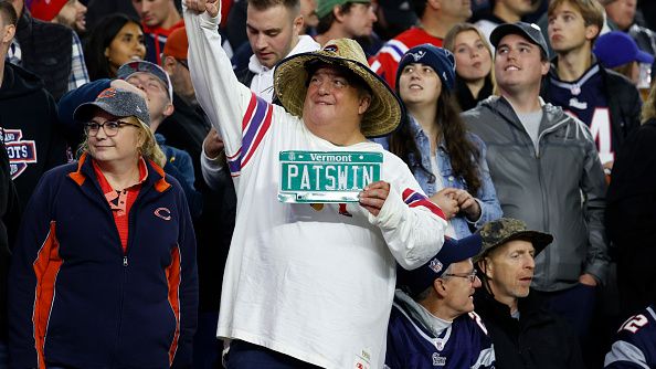 A Patriots fan with his license plate during a game between the New England Patriots and the Chicago Bears, at Gillette Stadium in Foxborough, Massachusetts, MA on October 24, 2022. FRED KFOURY III/ICON SPORTWITRE VIA GETTY IMAGES 