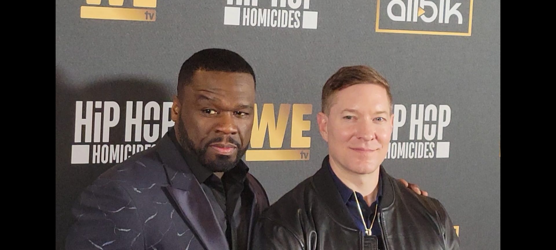 Curtis '50 Cent' Jackson and Joseph Sikora on the red carpet of 'Hip Hop Homicides" event. (Photo by Derrel Jazz Johnson for rolling out)