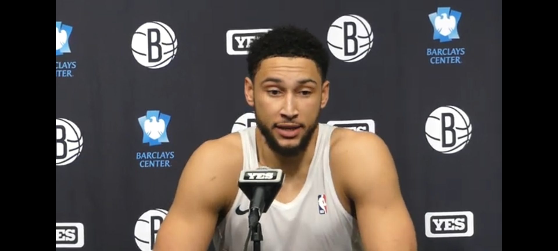 Ben Simmons of the Brooklyn Nets speaks to the media. (Photo by Derrel Jazz Johnson for rolling out)