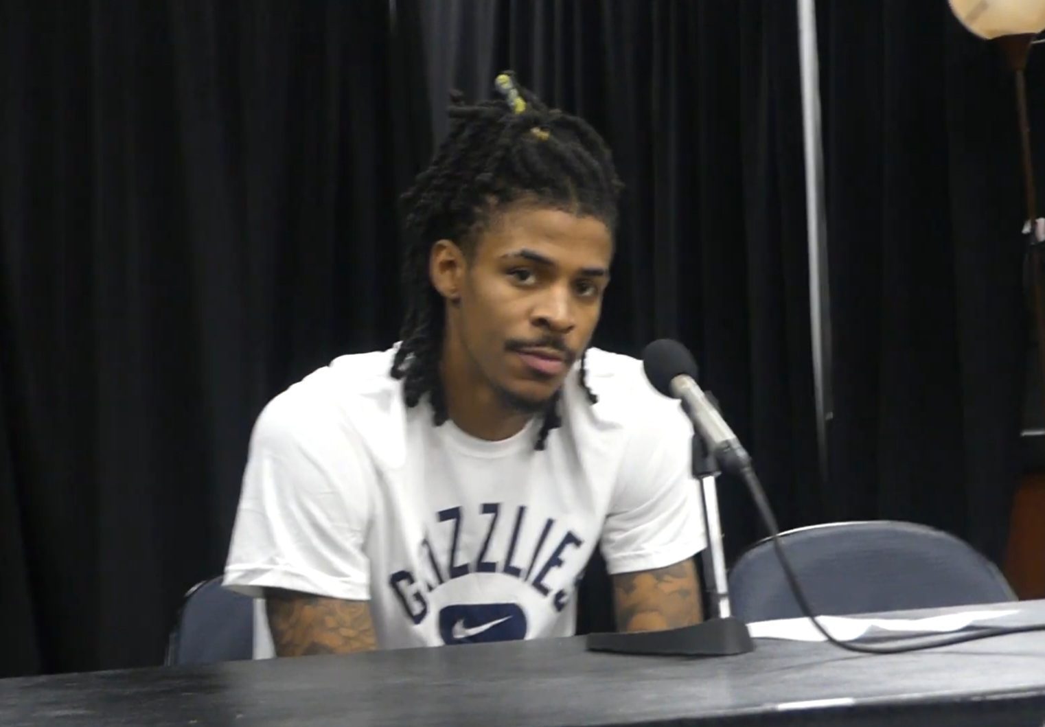 Ja Morant speaks to the media after a game. (Photo by Derrel Jazz Johnson for rolling out)