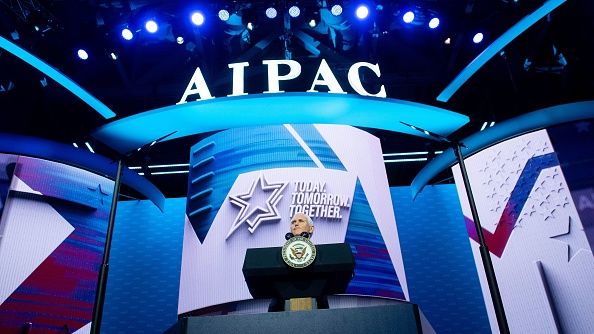 Then US Vice President Mike Pence speaks during the American Israel Public Affairs Committee (AIPAC) 2020 Policy Conference in Washington, DC, March 2, 2020. Progressive democrats accuse AIPAC of supporting Republicans. SAUL LOEB/AFP VIA GETTY IMAGES