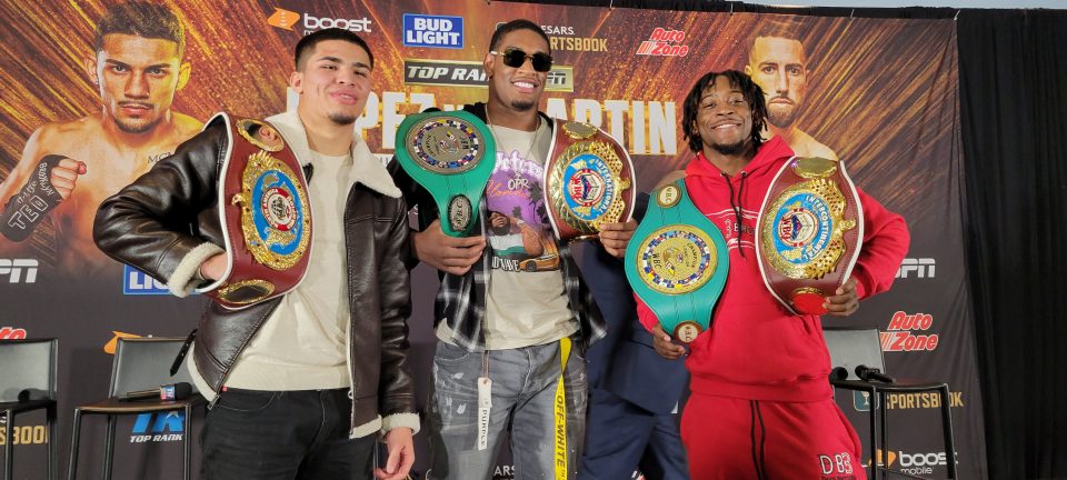 Boxing champions 20-year-old Xander Zayas, 23-year-old Jared Anderson, and 23-year-old Keyshawn Davis at Madison Square Garden in New York City. (Photo by Derrel Jazz Johnson)