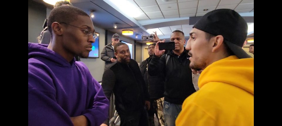Teofimo Lopez shares advice with fellow boxer Jahi Tucker. (Photo by Derrel Jazz Johnson for rolling out)