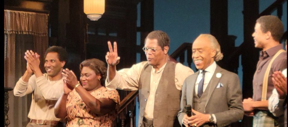 Reverend Al Sharpton joins Samuel L. Jackson, John David Washington, Danielle Brooks, and Ray Fisher after a performance of 'The Piano Lesson'. (Photo by Derrel Jazz Johnson for rolling out)