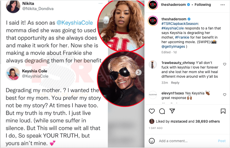 Keyshia Cole slams fan who says she's degrading her dead mother for biopic