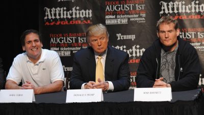 Mark Cuban, Donald Trump and UFC Fighter Josh Barnett attend a press conference to officially announce the Affliction M-1 Global Trilogy at Trump Tower on June 3, 2009, in New York City. Among the many topics the duo discussed were politics, which led to a take on Cuban’s political leanings and what he thought of formerstrong /strongPresident Donald Trump. DIMITRIOS KAMBOURIS/BENZINGA