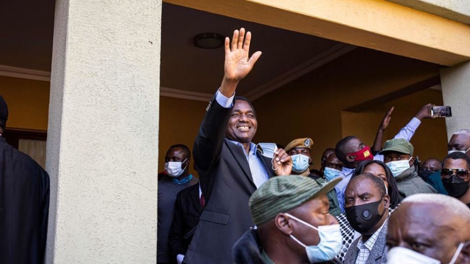 President elect Hakainde Hichilema (C) waves at supporters after a press briefing at his residence in Lusaka, on August 16, 2021. For the United States, President Hakainde Hichilema’s victory in 2021 was welcomed in a country whose politics have been unexpectedly turbulent. PATRICK MEINHARDT/AFP via GETTYIMAGES.