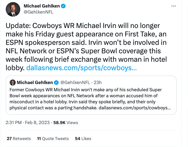 Michael Irvin removed from Super Bowl coverage for alleged misconduct