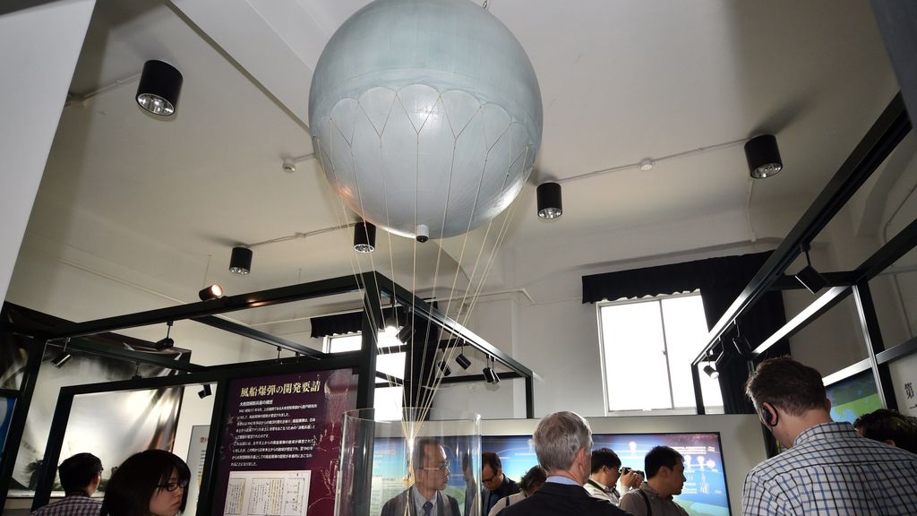 A one-tenth scale model of Japanese Imperial Army's paper balloon bomb, displayed by Japan's Meiji University at the museum of Japanese Imperial Army's Noborito laboratory in Kawasaki, suburban Tokyo on May 29, 2015. (YOSHIKAZU TSUNO/AFP via Getty Images)