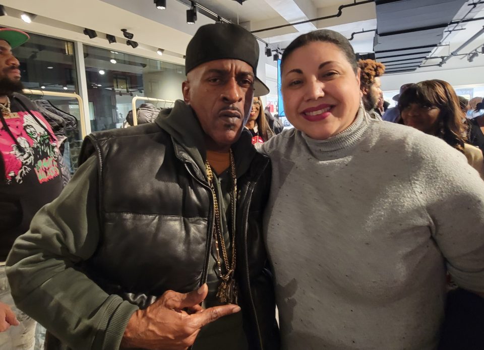 Hip-hop icon Rakim and author Elena Romero after a performance in New York City. (Photo by Derrel Jazz Johnson for rolling out)