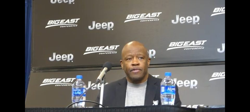 Mike Anderson speaks to the media after the last game of the season before being fired by St. John's. (Photo by Derrel Jazz Johnson for rolling out.)