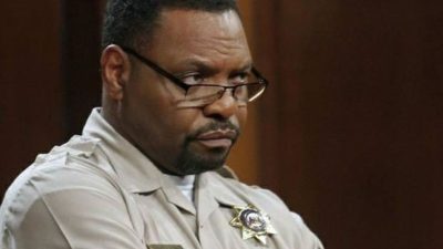 “Bailiff Byrd” “Bailiff Byrd” in Judge Judy courtroom  on Mar 1, 2023, (Petri Hawkins Byrd /Petri Hawkins Byrd ) “Bailiff Byrd” doesn't look too impressed with what he's hearing during a trial on the “Judge Judy,” show.  © Z News Inc.
