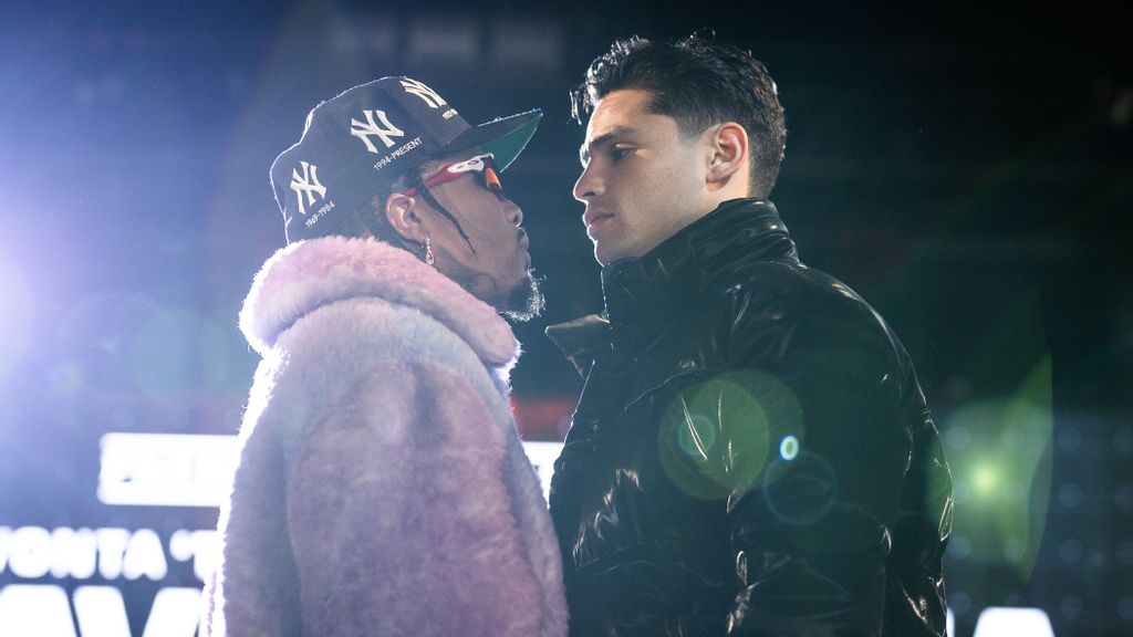 Gervonta Davis and Ryan Garcia face-off promoting their April 22nd showdown in Las Vegas in New York City on March 8th. (Amanda Westcott/Showtime)