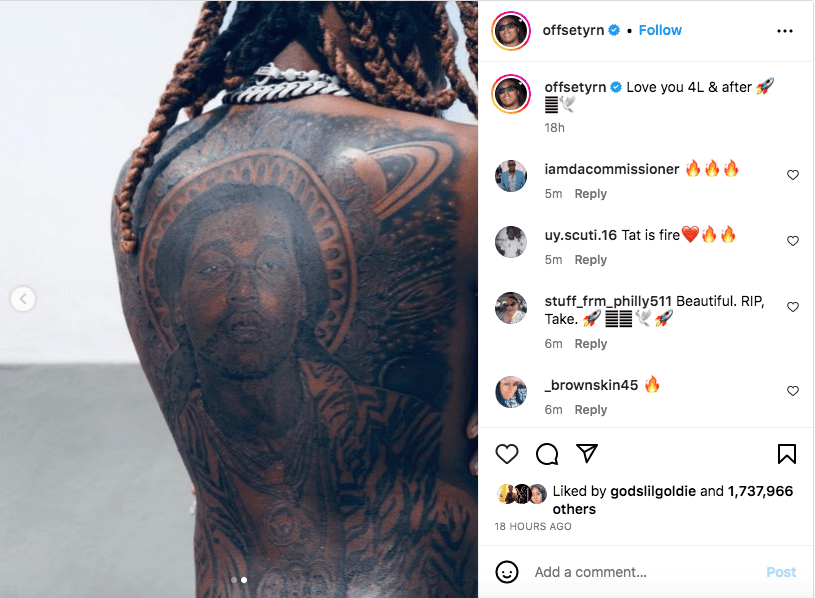 Offset pays tribute to Takeoff with spectacular back tattoo (photos)