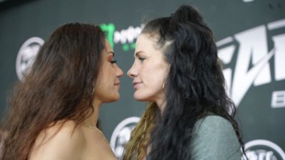 Pearl Gonzalez faces off with opponent Gina Mazany  Gamebred Boxing 4 final press conference.  in Milwaukee, Wisconsin on Mar 31, 2023, (Gary DeFranco/Gamebred Boxing ) Final faceoff between Gonzalez and Mazany before they are throwing punches at one another.  © Z News Inc.