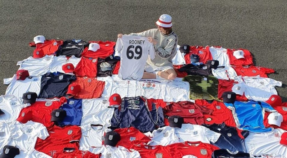 strongDepop entrepreneur Callum Massey with a hoard of England football shirts he resold. CALLUM MASSEY/SWNS/strong