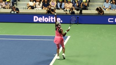 Venus Williams serves at the 2023 US Open. (Photo by Derrel Jazz Johnson for rolling out.)