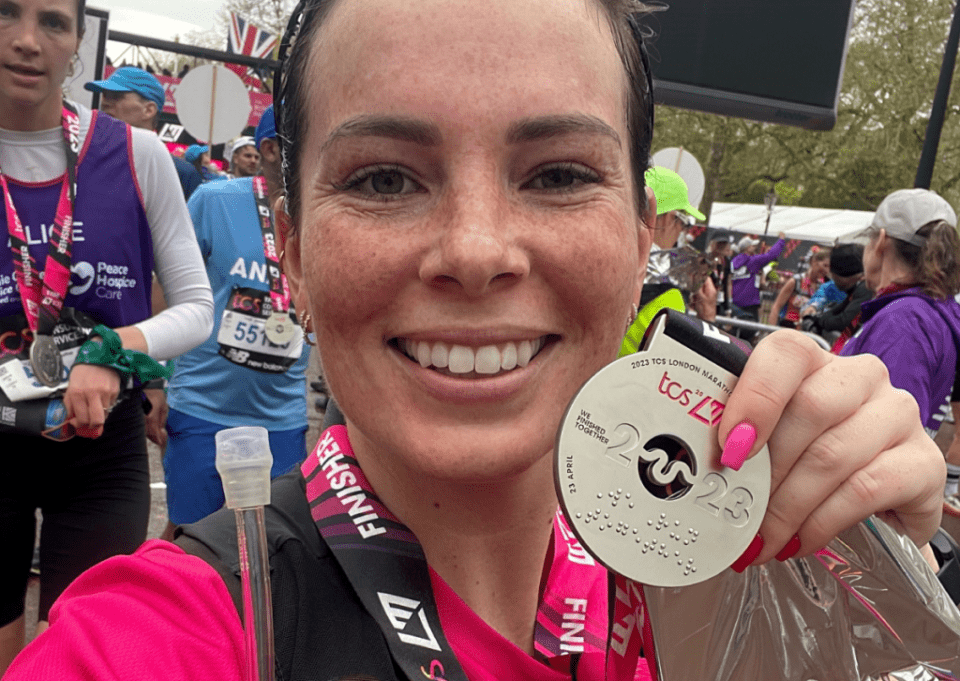 Bethan Pritchard after the London Marathon in April. Bethan Pritchard, 31, had a missed miscarriage at 13 weeks in 2016, and struggled to come to terms with her grief, she said. PHOTO BY JUST GIVING/SWNS 