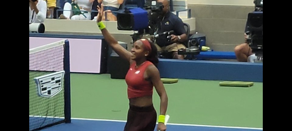 Coco Gauff celebrates a win at the 2023 US Open. (Photo by Derrel Jazz Johnson for rolling out.)