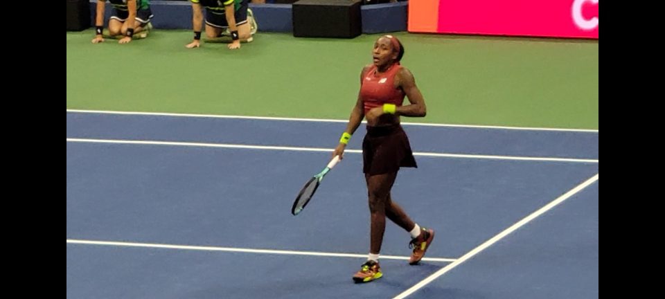 Coco Gauff celebrates her first Grand Slam win. (Photo by Derrel Jazz Johnson for rolling out.)